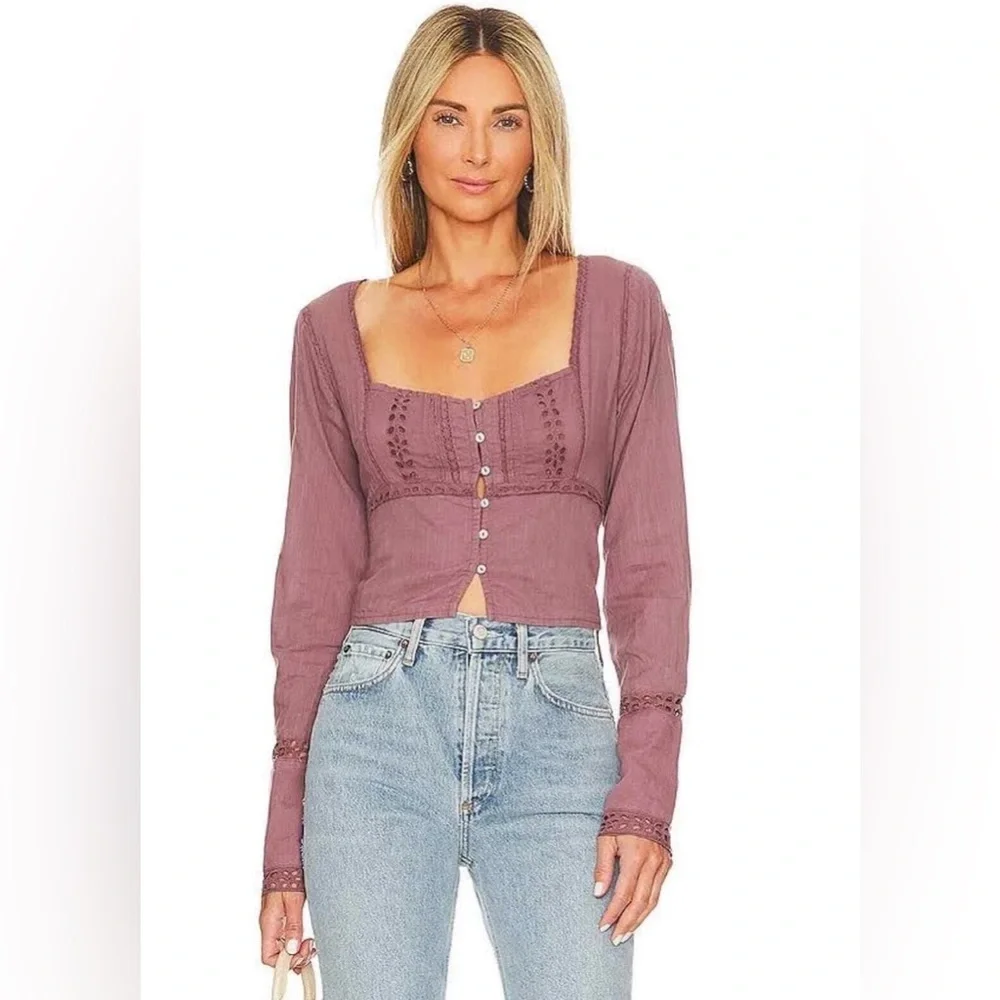 NEW Free People Joi Cropped‎ Top Medium Eyelet Long Sleeve Peasant Boho Purple